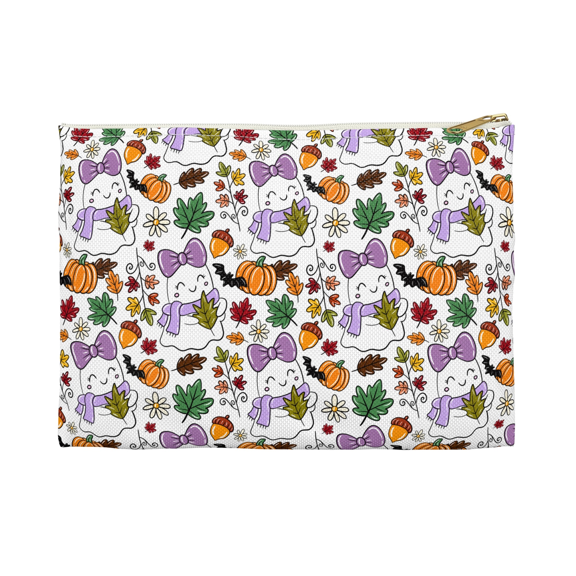 Charming Fall Accessory Pouch, Cute Ghost and Pumpkin Design, Halloween Treat Bag, Autumn Makeup Organizer, Perfect Gift for Fall Festivals