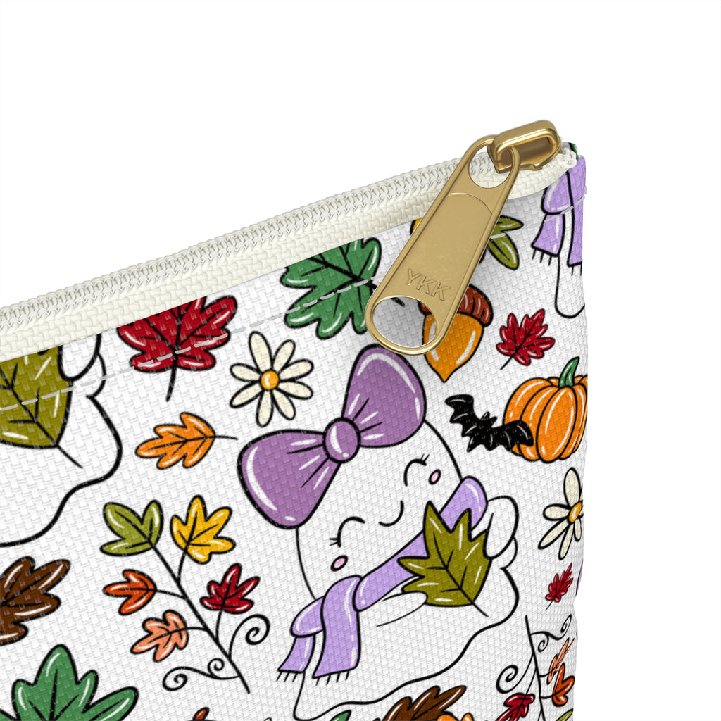 Charming Fall Accessory Pouch, Cute Ghost and Pumpkin Design, Halloween Treat Bag, Autumn Makeup Organizer, Perfect Gift for Fall Festivals